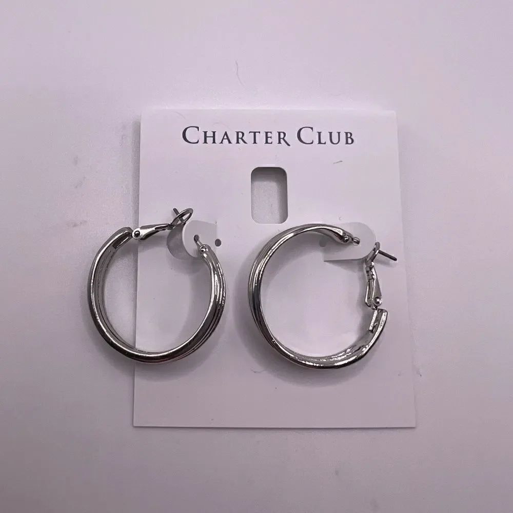 Charter Club Silver-Tone Three Row Hoops Earrings NWT